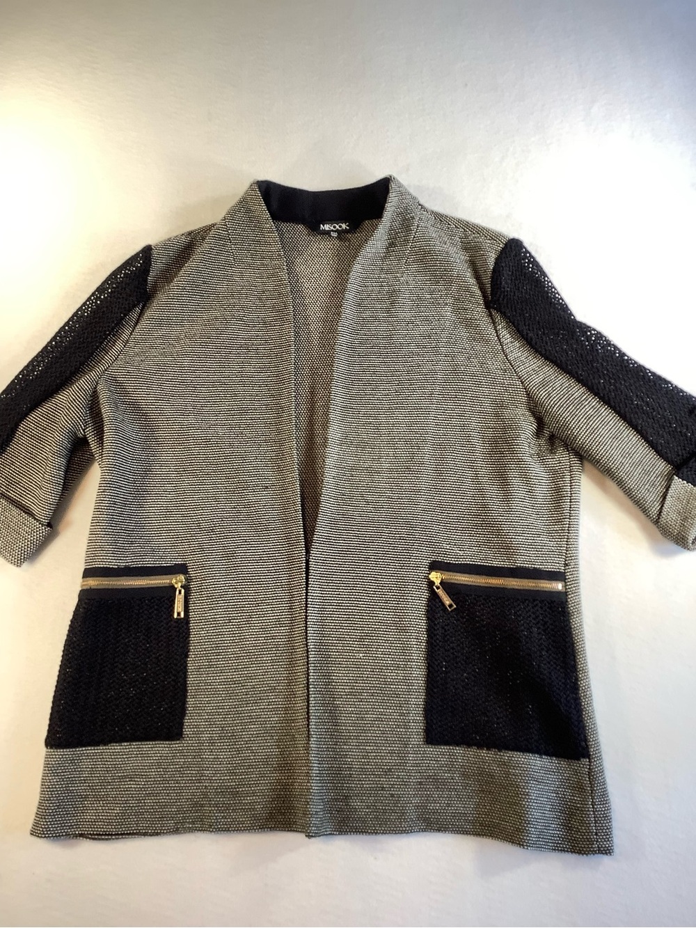 Misook Black and Gray Open-Front Women's Cardigan with Gold Zipper Accents
